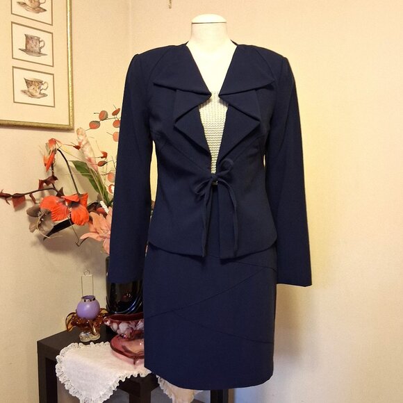 NWOT mac & jac 2 Piece Office Lady Business Suit Blue Blazer & Skirt M 10 - Picture 1 of 16